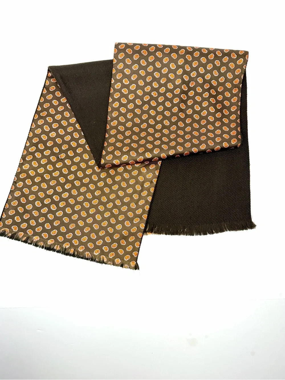 Men's Doubled Reversible Scarf Silk Wool Brown Paisley Print 11x50